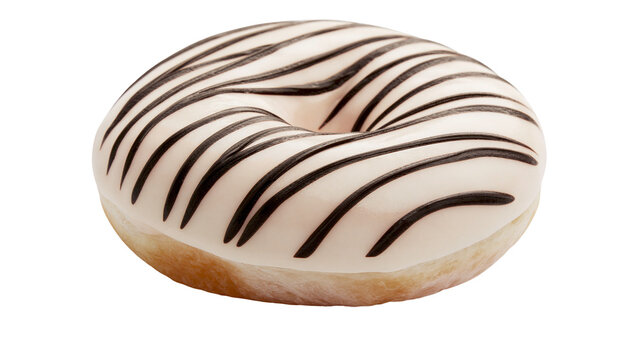 White iced donut with black stripes, isolated on transparent background