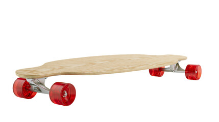 Natural wood longboard skateboard with red translucent wheels, isolated on transparent background © Finn