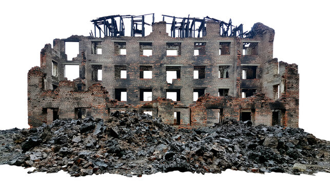 Ruined brick building with debris pile, isolated on transparent background