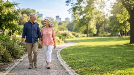 Fototapeta premium Senior couple walking together in a sunny park.