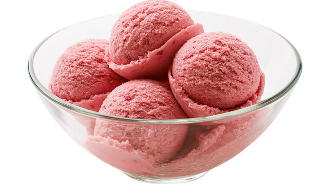 Pink strawberry ice cream scoops in a clear glass bowl, isolated on transparent background