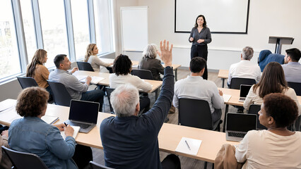 Fototapeta premium Senior Man Raising Hand During Business Seminar