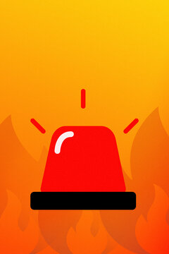 Emergency 911 alert signal shows light flashing in red with fire flames in the background
