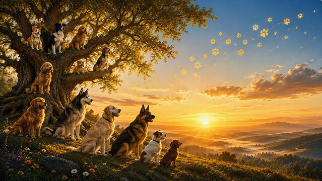 Group Of Various Dog Breeds Gathering Near Tree Watching Peaceful Sunset Over Rolling Hills With Floating Paw Prints