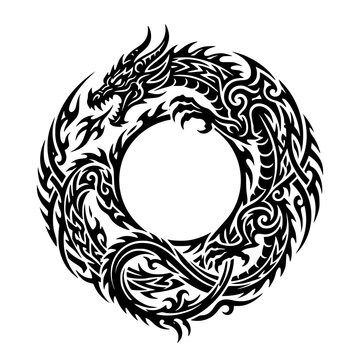 Dragon Ouroboros: A stylized black dragon in a tribal tattoo design, forming an Ouroboros symbol by encircling a central void, embodying a timeless cycle.