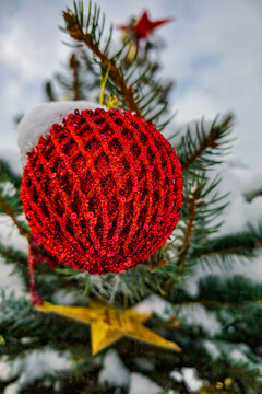 A Christmas tree stands covered in snow, adorned with bright decorations. The scene shows the festive spirit of the winter holiday season