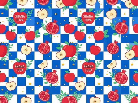 Rosh hashanah seamless pattern with apples and pomegranates on a blue and white checkered background