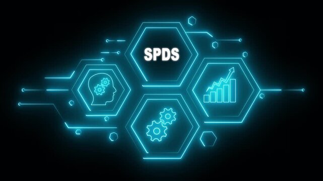 Abstract neon Hud knowledge ability business gear icon Glowing neon line concept. Glowing "SPDS" button in German on a futuristic, abstract wave technology on black background.