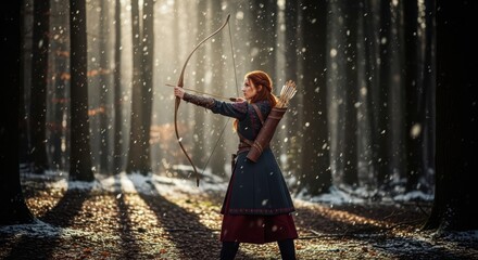 Naklejka premium Red-Haired Fantasy Archer Woman Aiming Bow in a Snowy Winter Forest with Cinematic Sunlight and Falling Snow