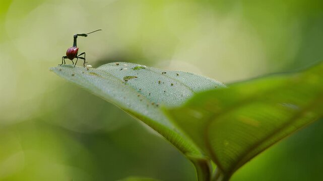 Close-up of a unique giraffe weevil insect on a green leaf in nature