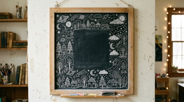 Blank square chalkboard hanging on brick wall in modern room interior