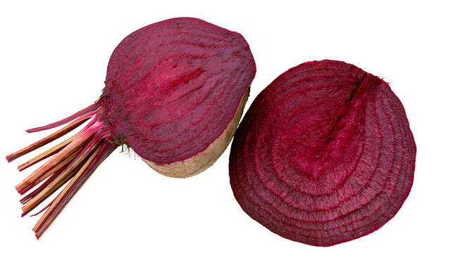 Half cut beet root with visible rings and stems, isolated on transparent background
