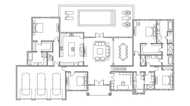 A detailed architectural floor plan drawing showing the layout of a modern residential house with various rooms