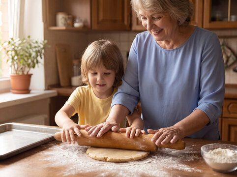 Grandmother and young grandchild rolling cookie dough on floury counter