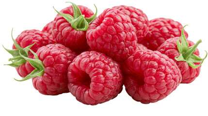 Pile of ripe red raspberries with green stems, isolated on transparent background © Finn