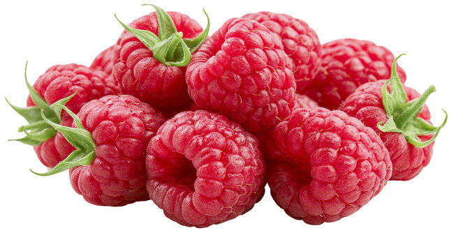 Pile of ripe red raspberries with green stems, isolated on transparent background