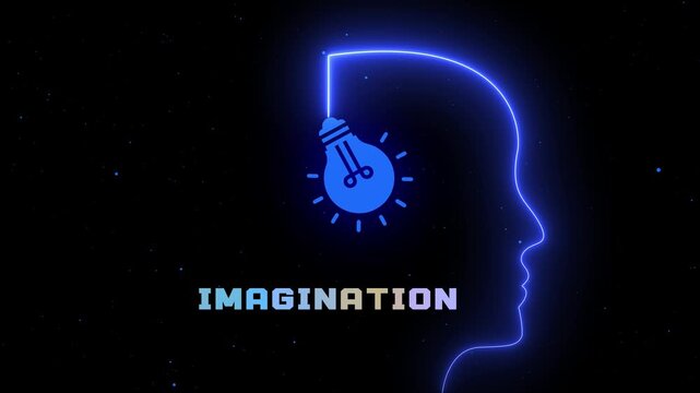 Neon imagination concept featuring glowing human profile and light bulb symbolizing creative vision, innovation, inspiration, and limitless possibilities.