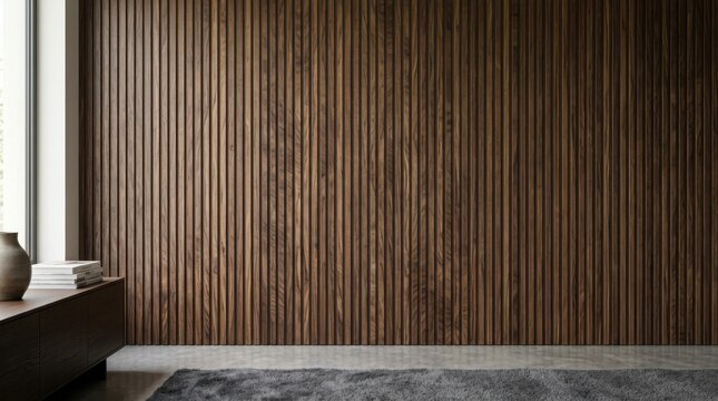 Wood Wall Panel with Fluted Walnut Texture and Vertical Grooves for Modern Interior Design Background