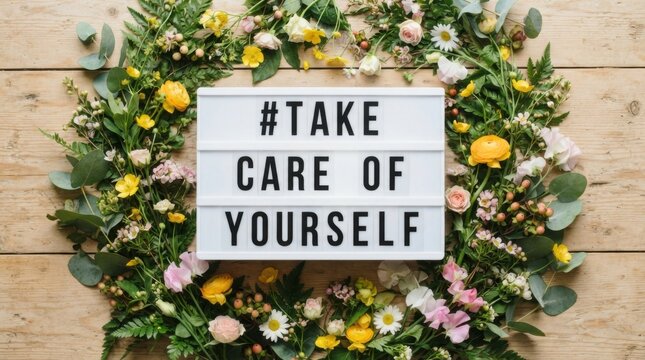 Floral border around light box with take care of yourself quote flat lay