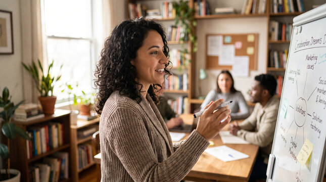 Woman leading brainstorming session in cozy office space smiling while writing ideas on whiteboard, collaborative team meeting with notes and discussion