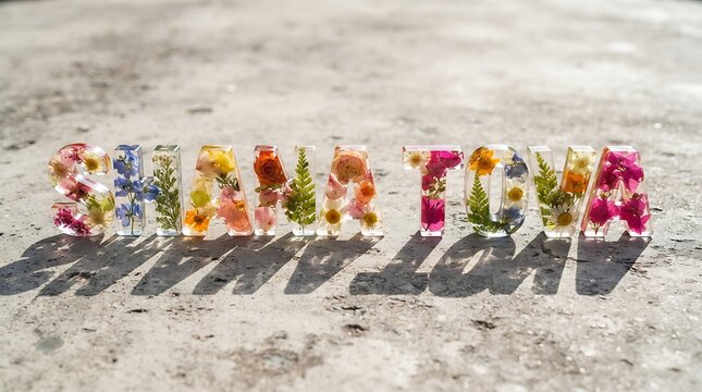 Decorative resin letters spelling shana tova with embedded dried flowers and greenery, standing on a textured concrete surface in natural sunlight