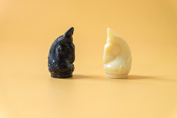 Black and White chess knight horse piece on color background.Business game. © amnarj2006