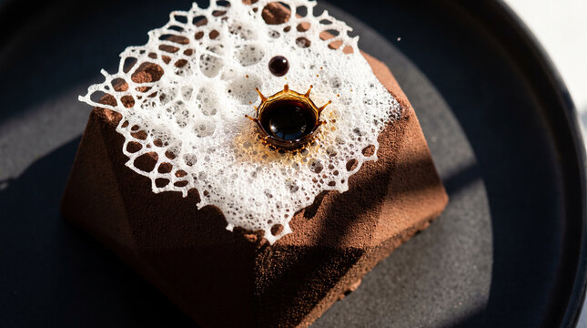 High speed photography of a geometric chocolate mousse dessert with velvet texture, decorated with delicate white sugar tuile and a perfect dark syrup splash crown, top-down view.