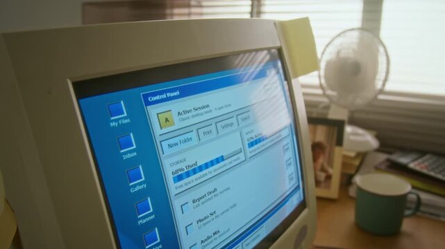 Retro CRT monitor displaying vintage operating system interface on office desk. Nostalgic technology footage ideal for retro marketing campaigns, tech history videos or 90s era storytelling