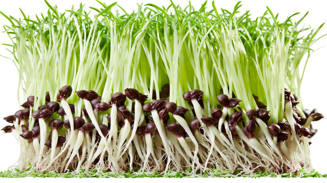 Fresh green sprouts with dark purple seeds and white roots, isolated on transparent background