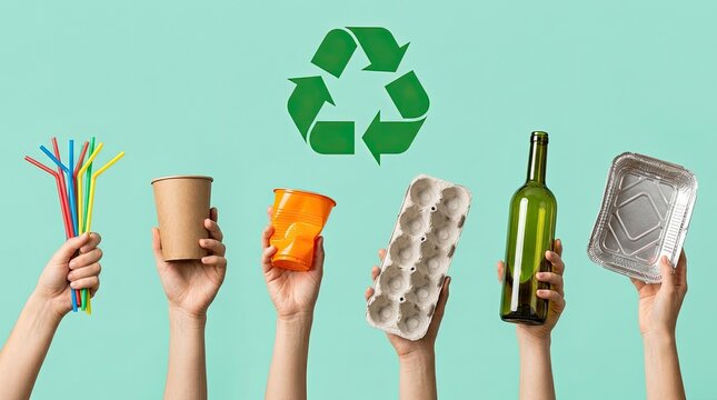 Hands holding various recyclable materials with a recycling symbol
