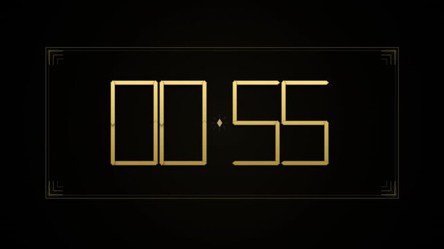 Elegant Golden Art Deco 60 Second Countdown Timer, 1 Minute Digital Clock Count Down From 59 To 00 On Black Background For Events, New Year, Quiz, And Presentation