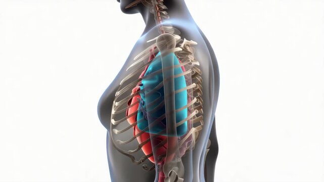 3D Medical Illustration Showing Human Lungs and Rib Cage in Side Profile View.