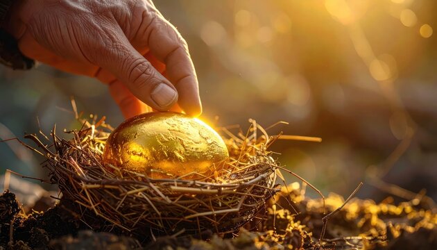 Human hand placing a shiny golden egg into a nest.