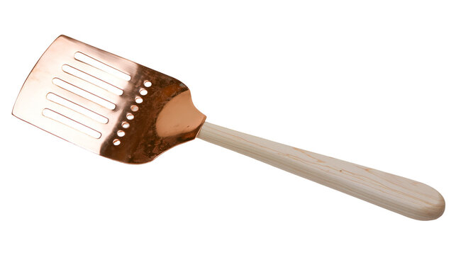 Copper slotted spatula with light wood handle, isolated on transparent background