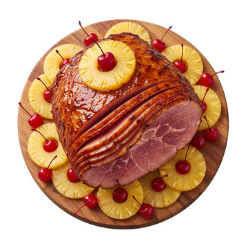 Delicious holiday glazed ham served with pineapple rings and maraschino cherries