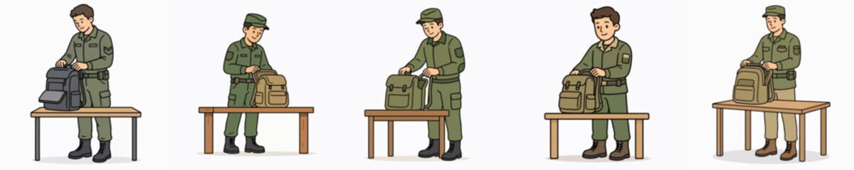 Obraz premium Set of vector illustrations of soldiers checking backpacks.