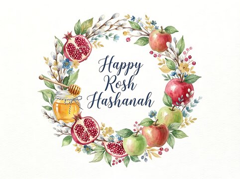 Watercolor rosh hashanah wreath with apples, pomegranates, and honey jar isolated on white background