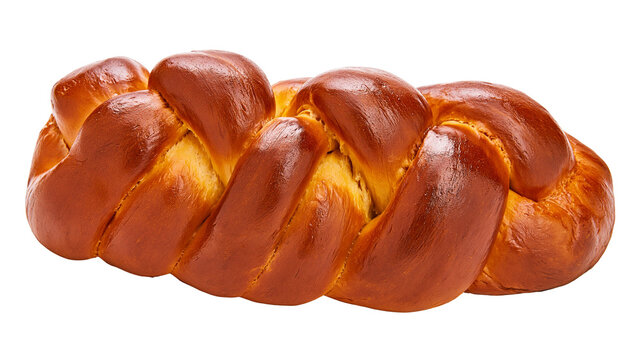 Golden brown braided challah bread loaf, isolated on transparent background
