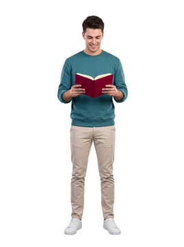 Caucasian male student standing and reading book full body vertical