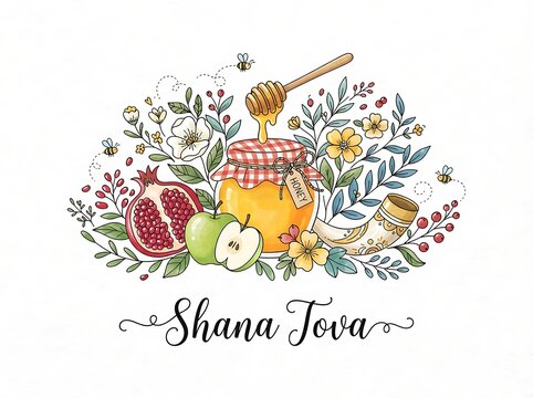 Shana tova greeting card design with honey jar, apple, pomegranate, and shofar isolated on white background