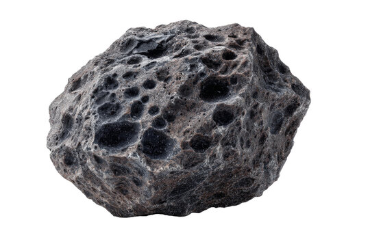 Single rugged cratered asteroid with dark porous rocky texture isolated on transparent background