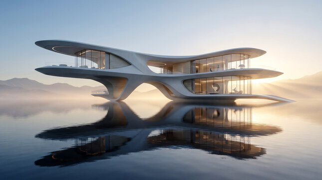 Ultra-modern luxury architectural masterpiece floating above calm reflective water at sunrise, featuring minimalist monumental design