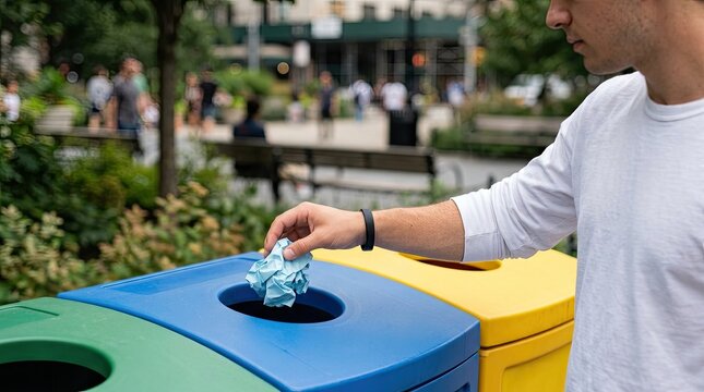 Young man recycling crumpled blue paper into blue bin outdoors