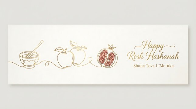 Rosh hashanah greeting card with continuous line art of honey bowl, apples, and pomegranate isolated on white background