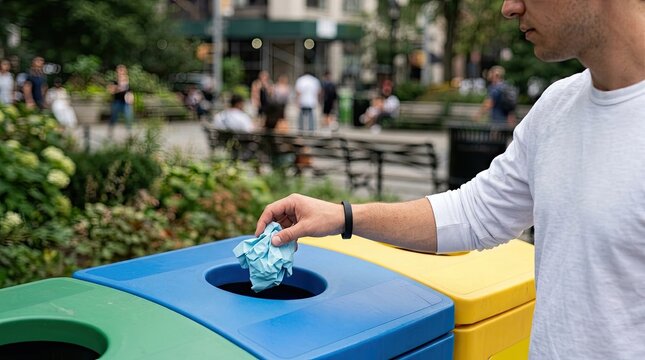 Person putting blue crumpled paper into recycling bin in park