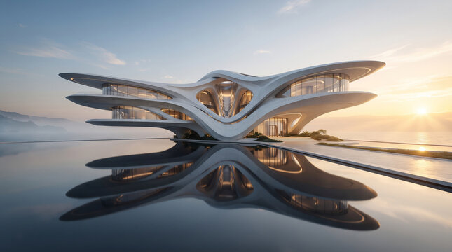 Ultra-modern luxury architectural masterpiece floating above calm reflective water at sunrise, featuring minimalist monumental design