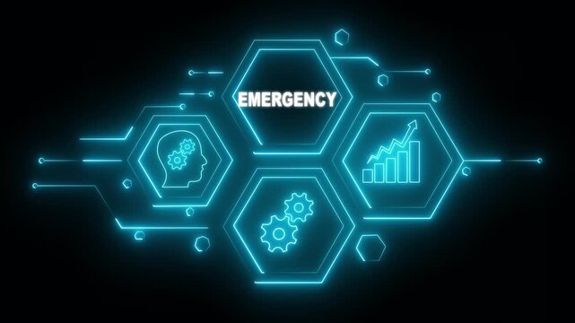 Abstract neon Hud knowledge ability business gear icon Glowing neon line concept. Glowing "EMERGENCHY" button in German on a futuristic, abstract wave technology on black background.