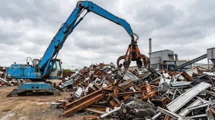 Fototapeta premium Industrial heavy machinery crane sorting scrap metal at a recycling plant