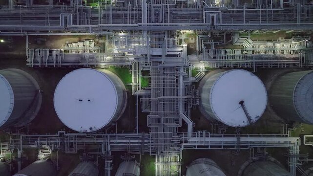 Aerial view oil and gas refinery petrochemical storage tank and pipeline steel, Oil and gas transportation system pipeline steel at oil and gas refinery industry chemical plant, Pipeline oil and gas.