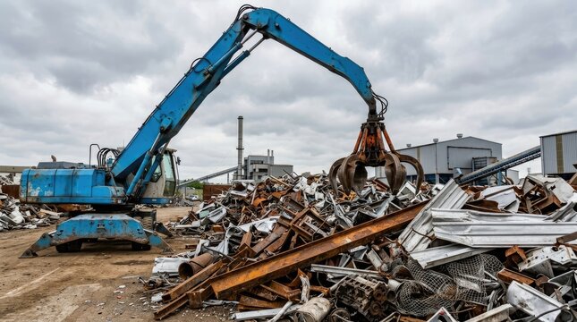 Industrial excavator working at a scrap metal recycling yard